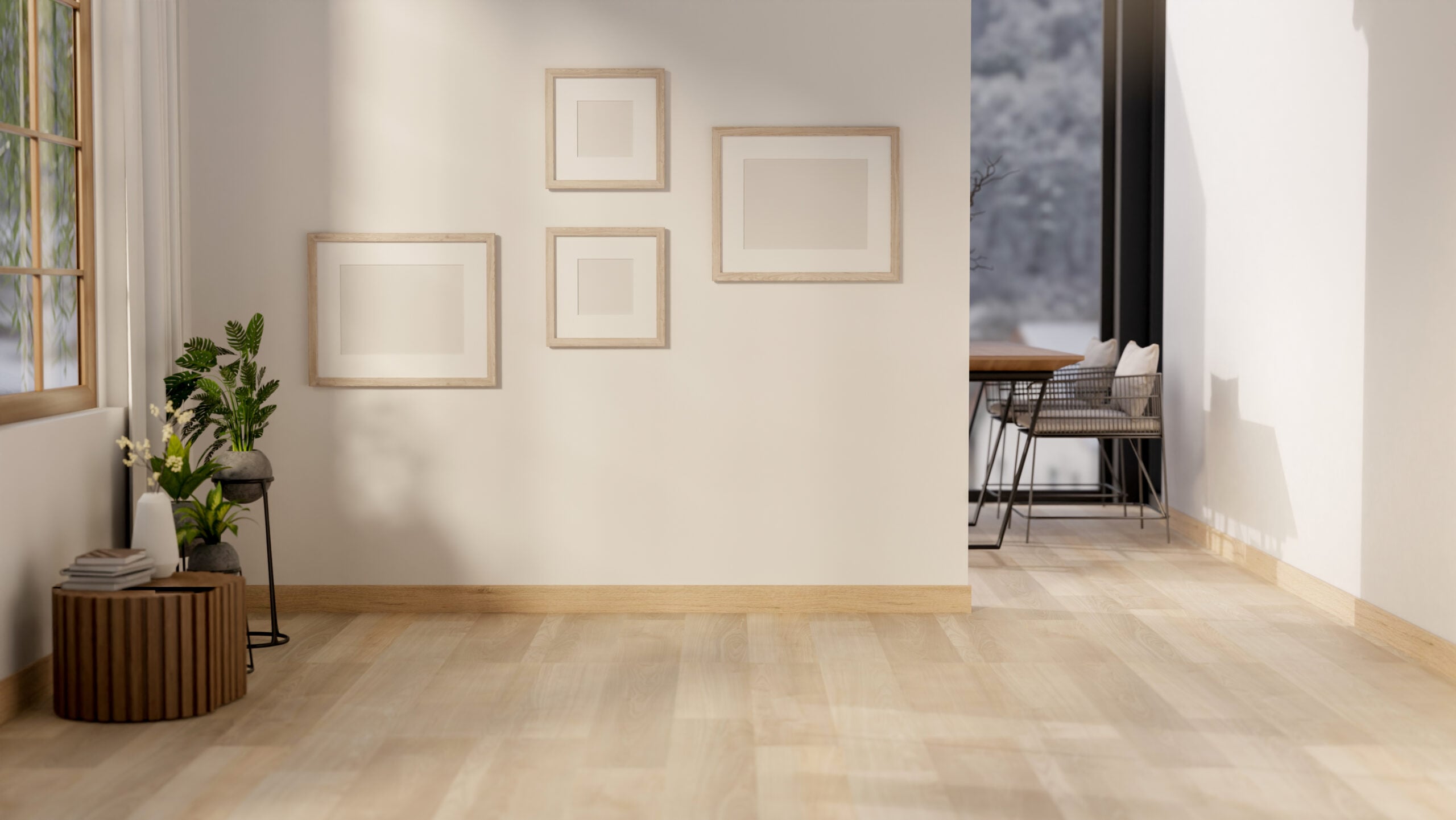 Empty frames hanging on white wall of a living room and a wooden floor corridor. Gallery photo wall.