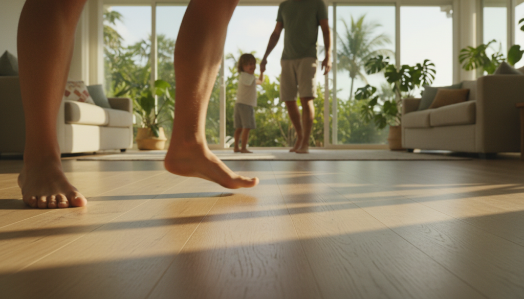family walking barefoot on certified low VOC flooring in a Central Florida living room