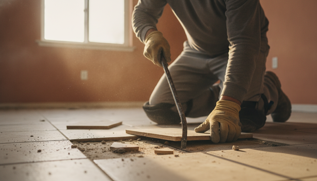 contractor performing floor demolition on cracked tile before flooring installation