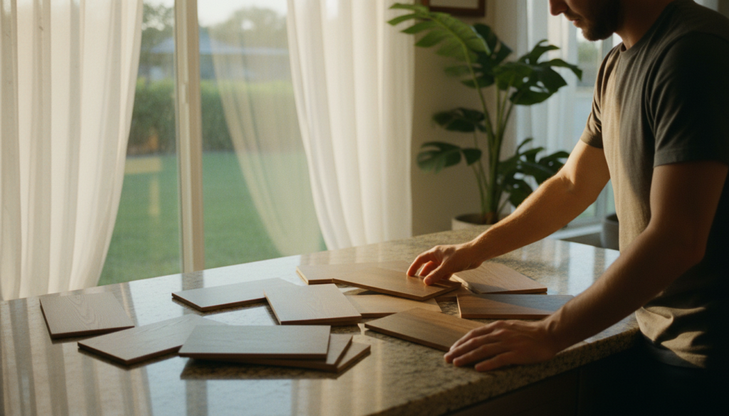 homeowner comparing pvc free laminate samples in a sunlit Florida kitchen