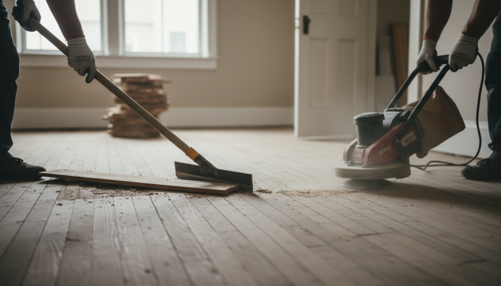 comparison of long handle floor scraper and electric tool on hardwood subfloor