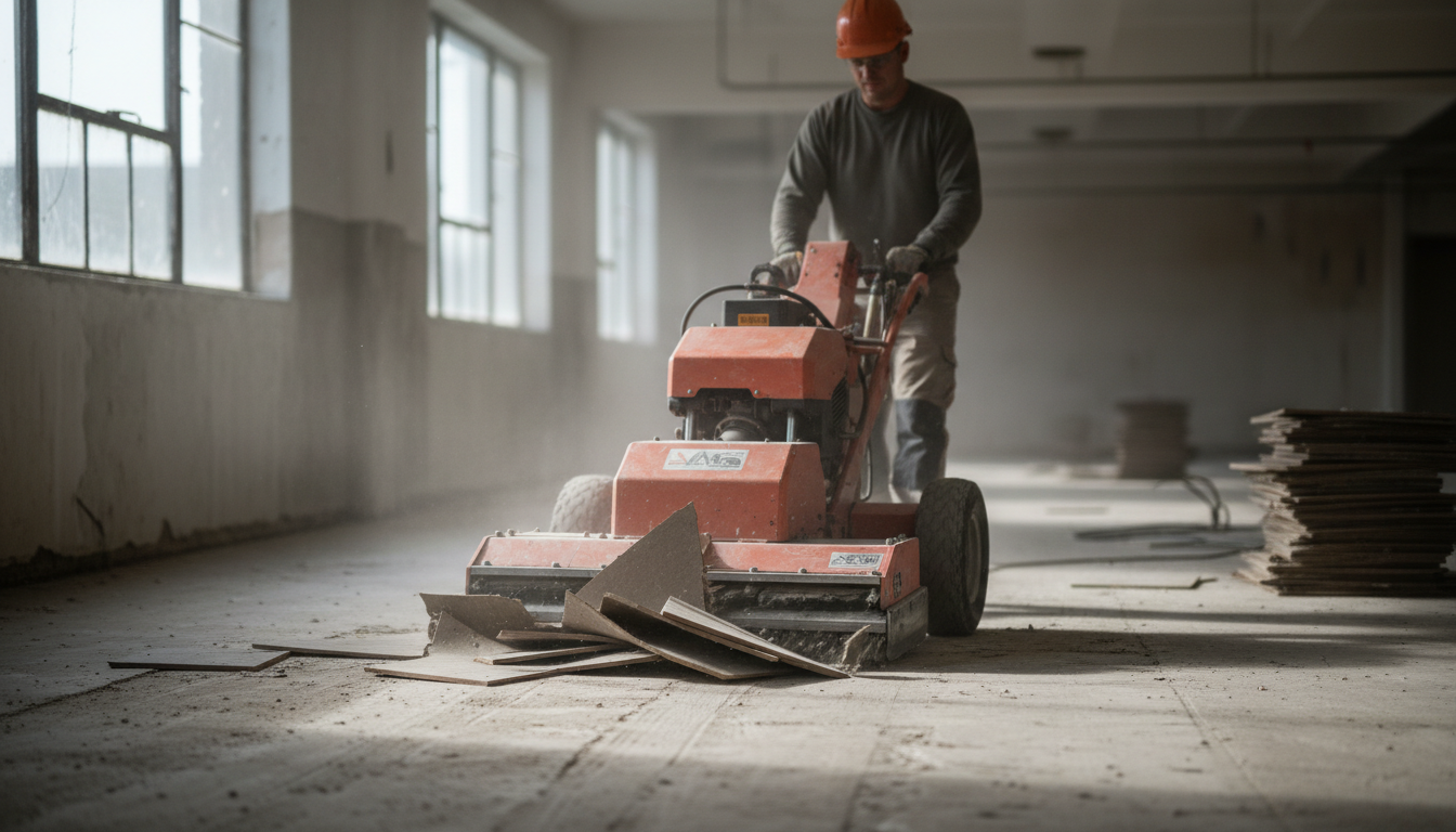 electric floor scraper removing old vinyl tile from a subfloor