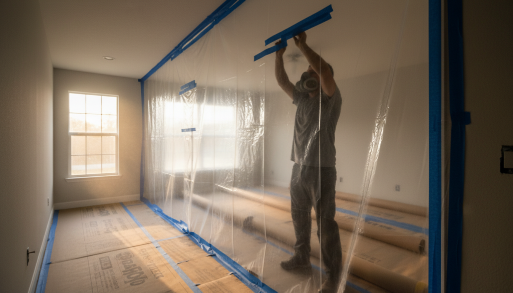 floor removal company technician using dust containment barriers during a home remodel
