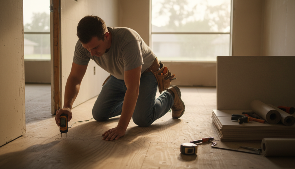 Non-Toxic, Plastic-Free Flooring Options for Florida Homes 3 contractor checking subfloor moisture before plastic-free flooring installation in a Marion County home