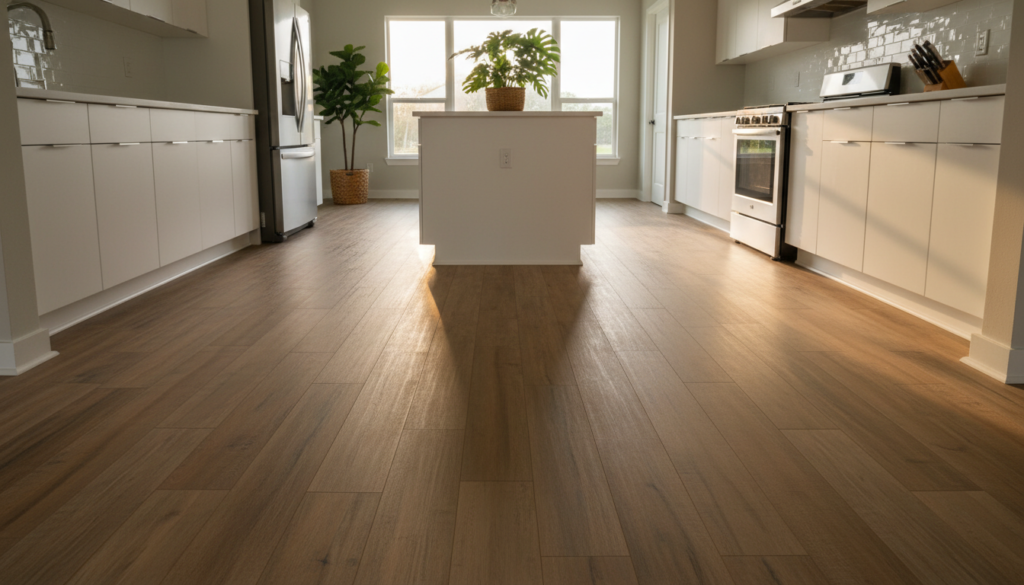 pvc free laminate flooring installed in a Florida kitchen near a sunny window