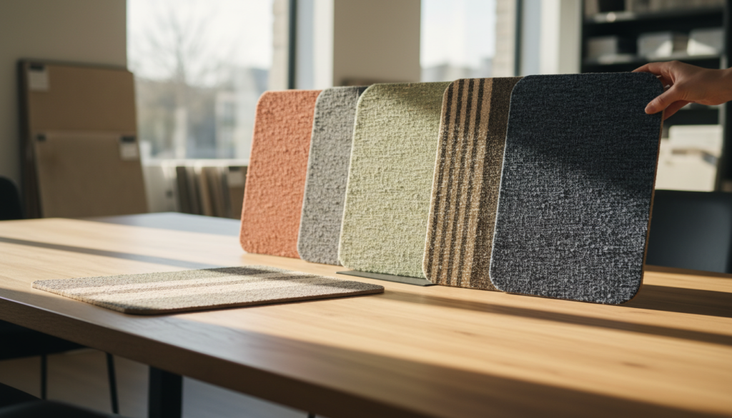Where to Buy Non-Toxic, Environmentally Safe Sheet Flooring in 2026 6 sample board of resilient sheet flooring that is environmentally friendly and free from harmful substances on a showroom table