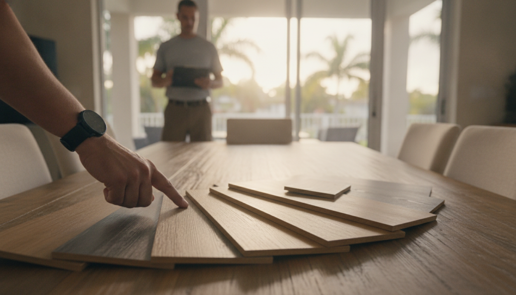 Meet Floor Crafters Inc: Your Trusted Flooring Partner in Ocala, FL 2 sample board of eco-friendly PVC-free flooring options shown to an Ocala homeowner