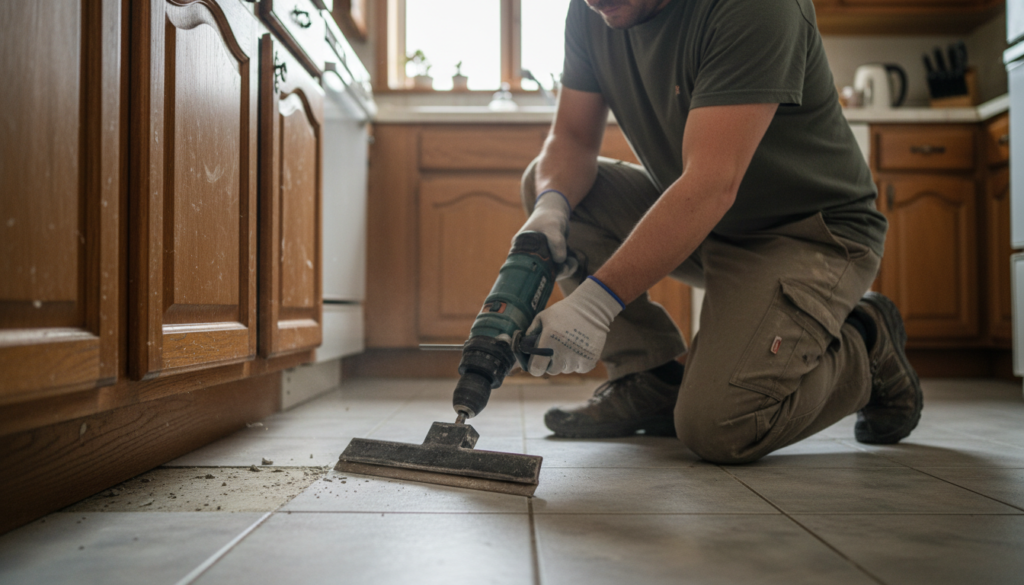 worker using SDS-plus floor scraper attachment along a kitchen edge