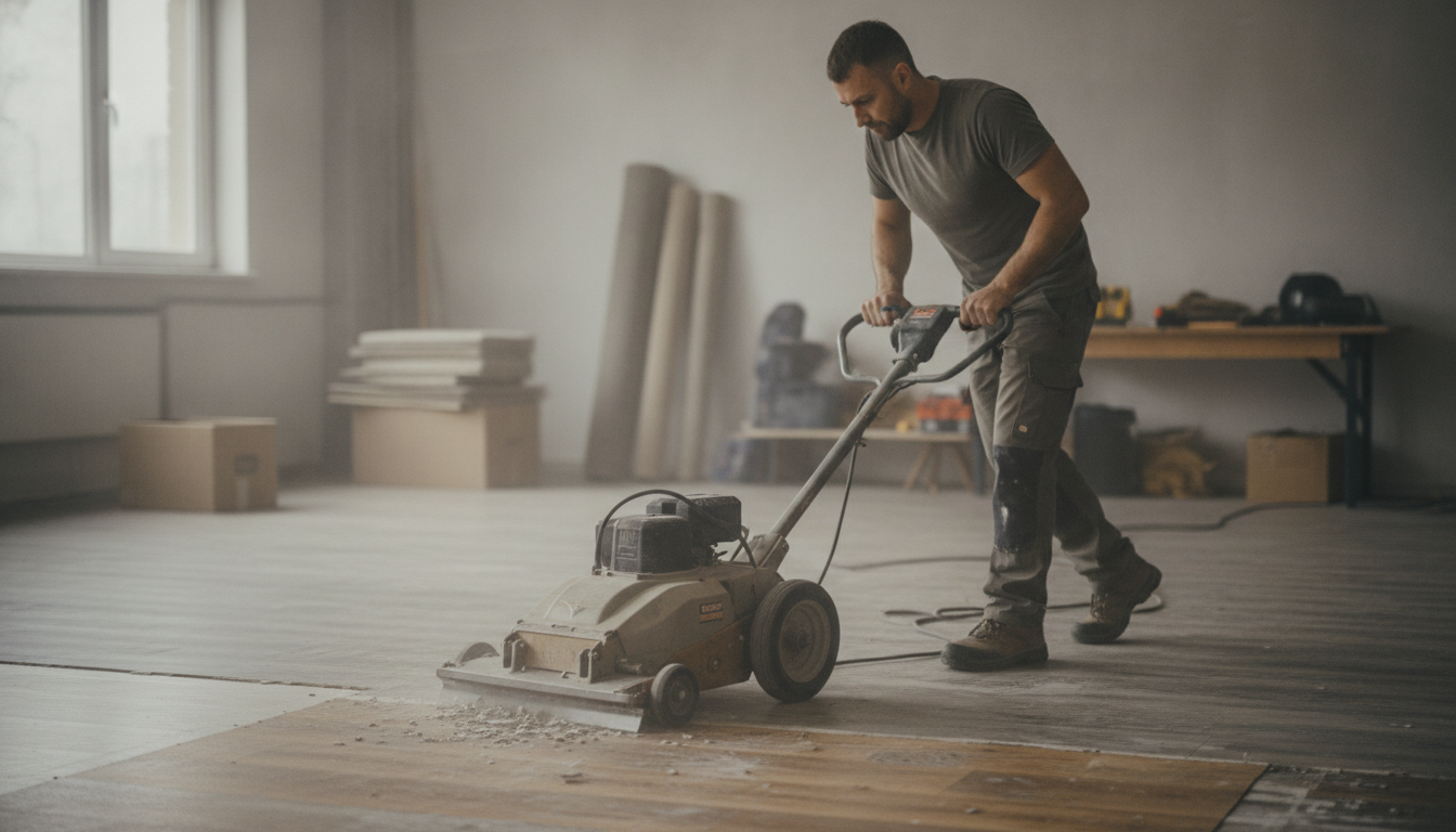 contractor demonstrating electric floor scraper rental near me technique on vinyl flooring