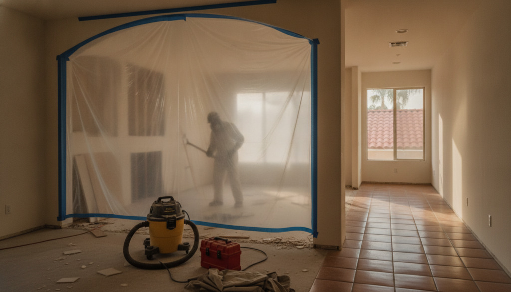sealed containment barrier during floor demolition project in an Ocala home