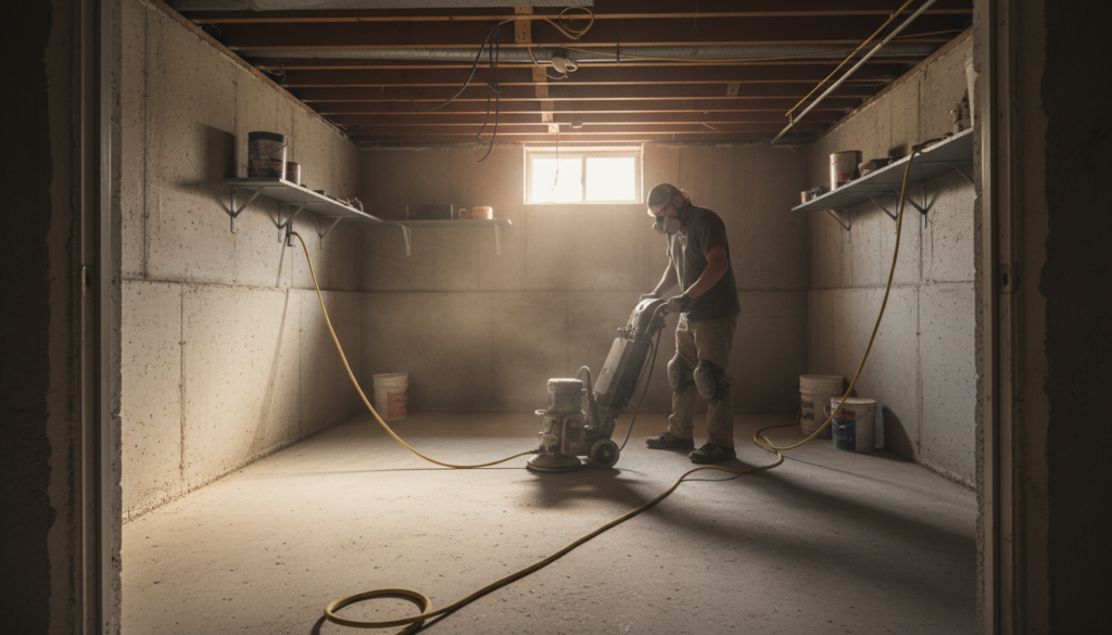 basement floor removal with concrete grinding equipment