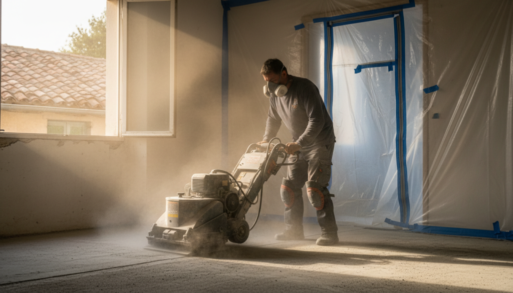 concrete floor removal in progress showing dust containment barriers