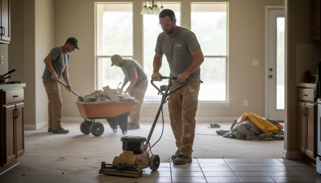 professional floor removal crew working in an Ocala home