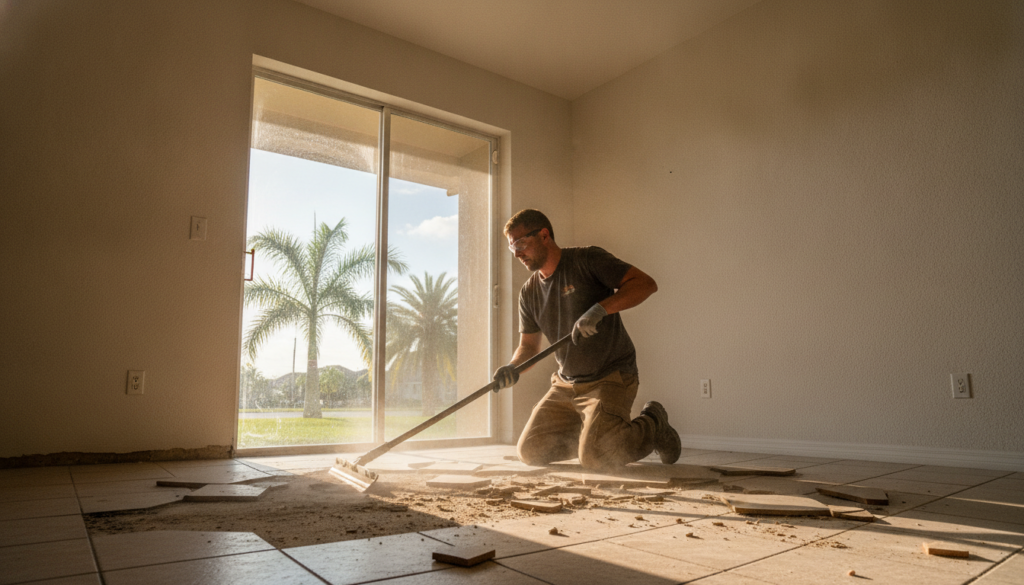 Hiring the Right Floor Removal Company in Central Florida 10 floor removal company crew removing old tile flooring in a Central Florida home