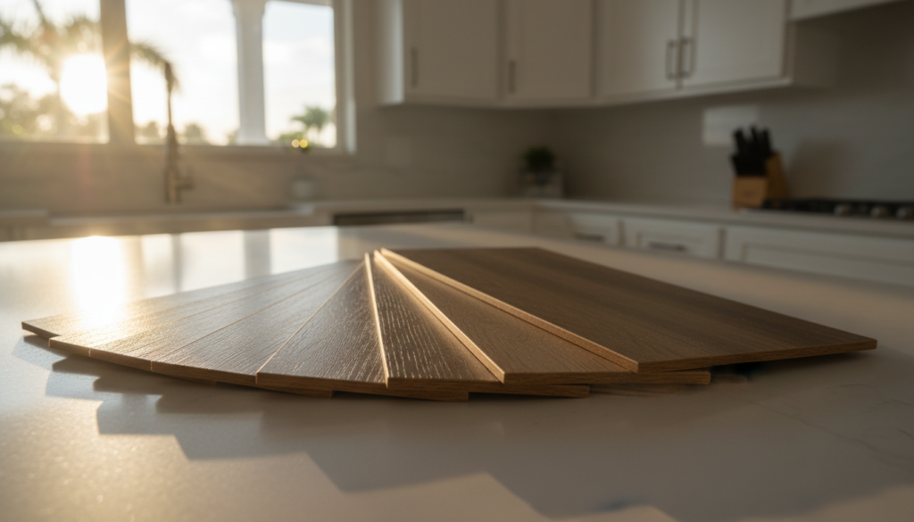 A Homeowner's Guide to PVC Free Vinyl Flooring in Central Florida 5 sample of pvc free vinyl flooring planks in a sunlit Florida kitchen