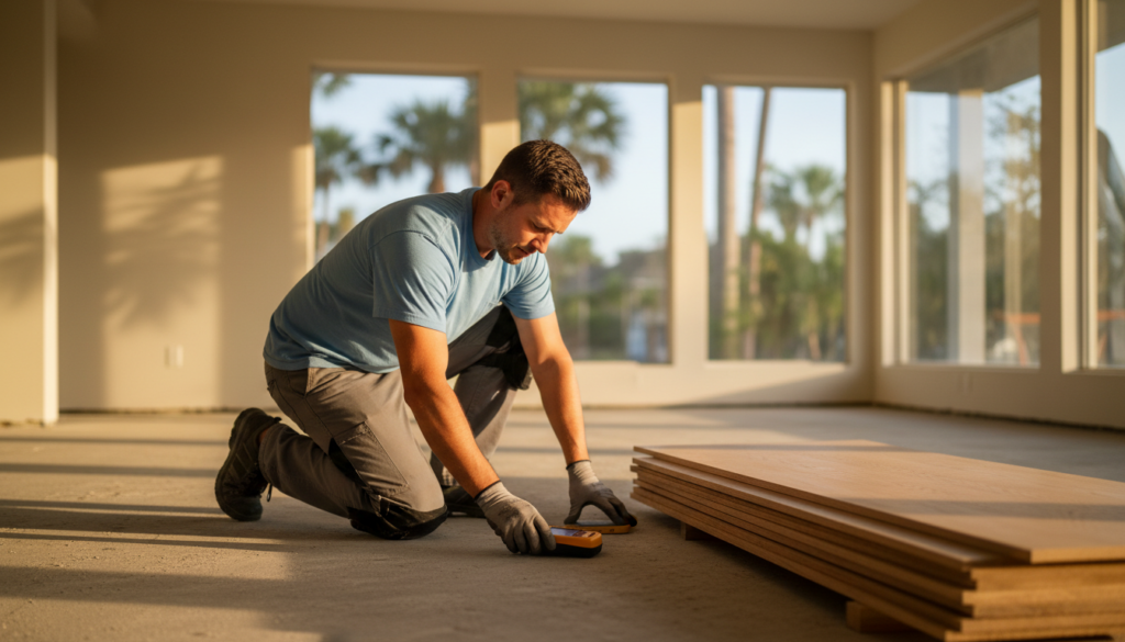 contractor performing moisture testing before elite flooring near me installation