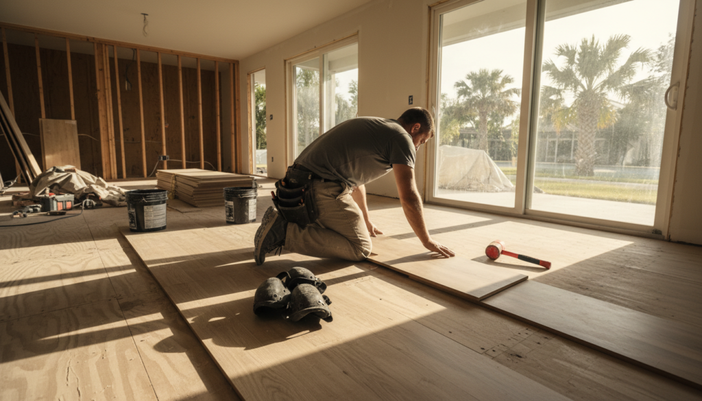 contractor installing pvc-free flooring planks over a prepped subfloor