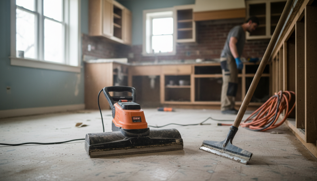 electric floor scraper vs manual long handle floor scraper comparison in a Marion County kitchen