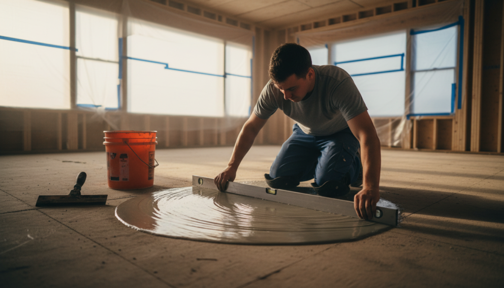elite floor installation crew leveling a subfloor before luxury vinyl plank install