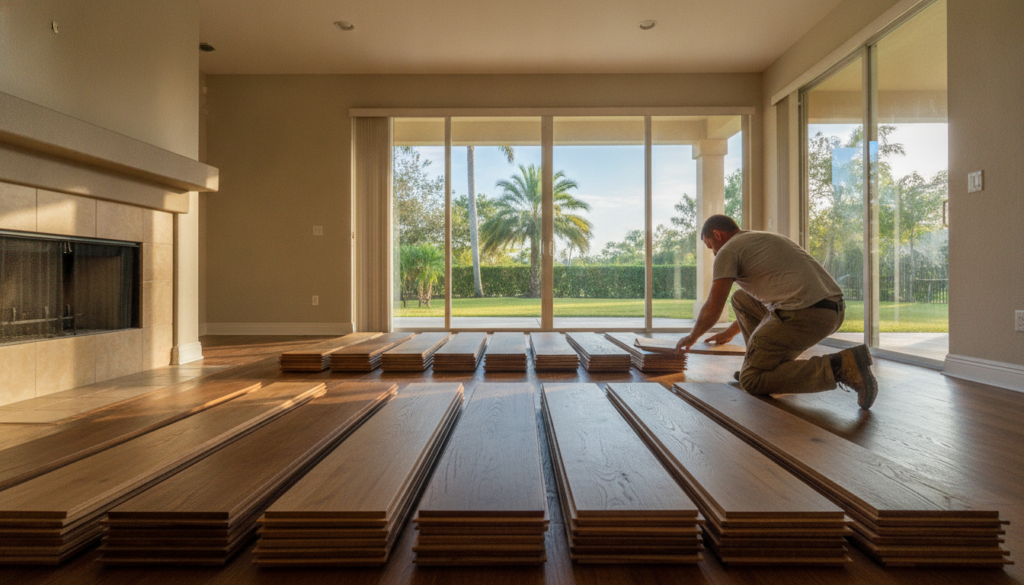 Installer acclimating solid hardwood boards in a Florida living room before plastic free flooring installation