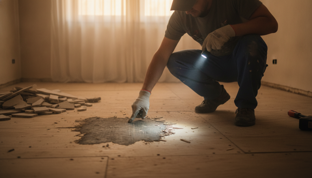 worker inspecting subfloor after floor demolition in a Leesburg Florida home