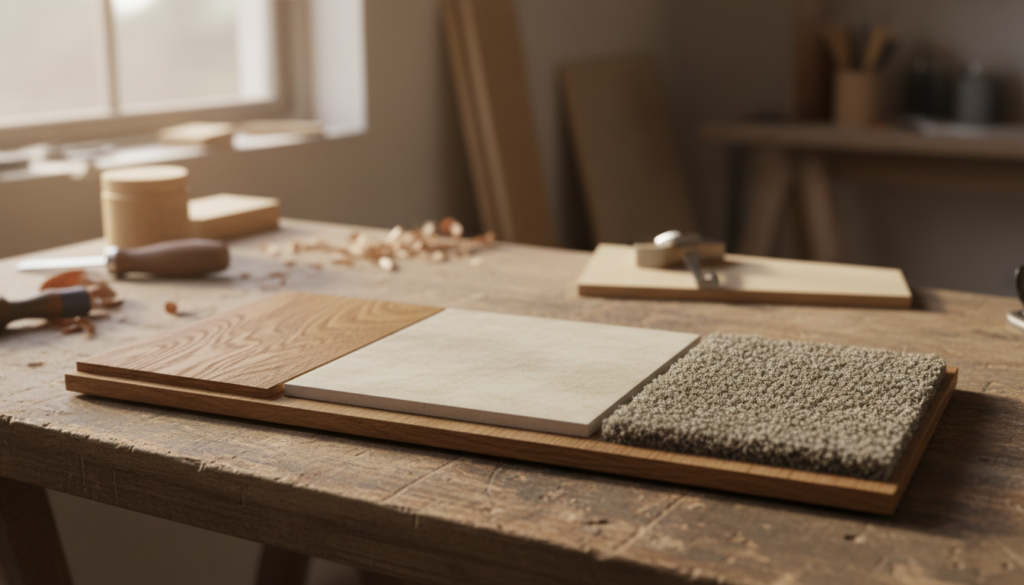 Sample board comparing plastic free flooring options including solid oak, ceramic tile, and wool carpet