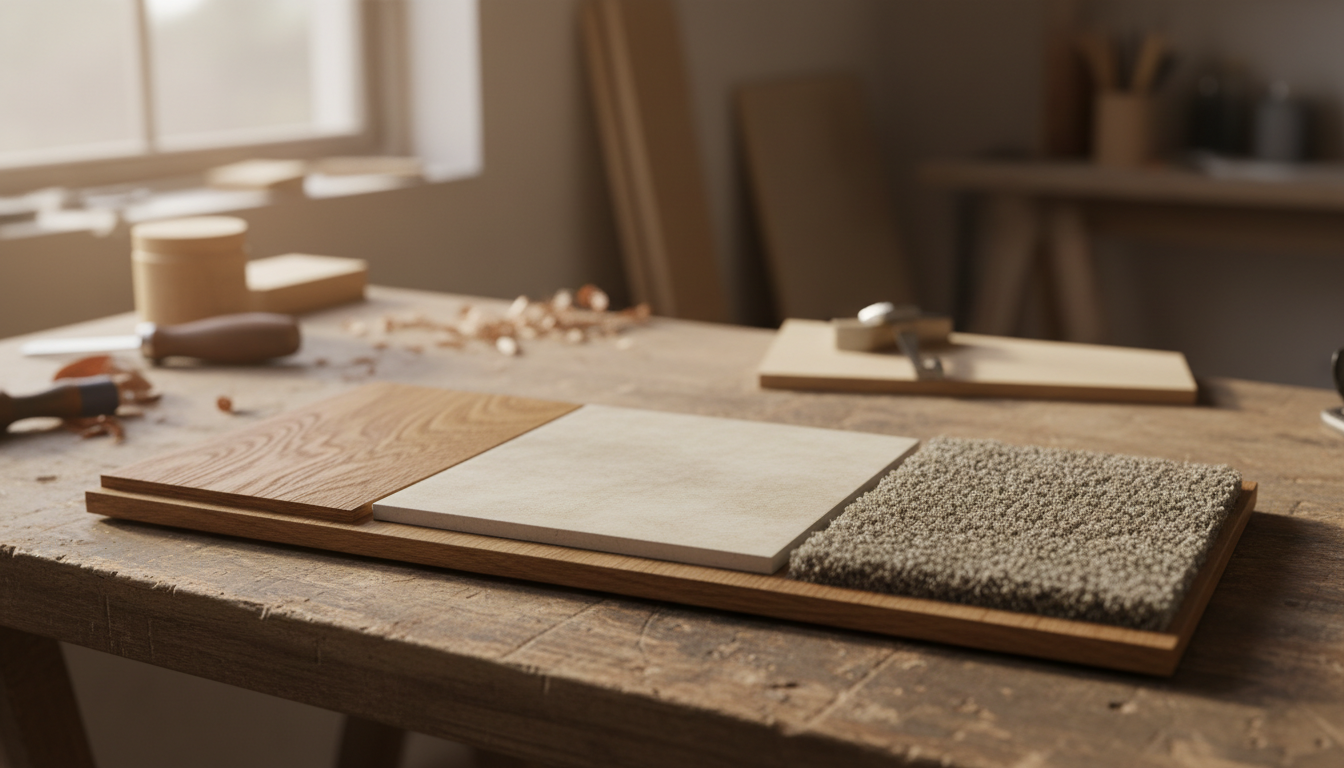 Sample board comparing plastic free flooring options including solid oak, ceramic tile, and wool carpet