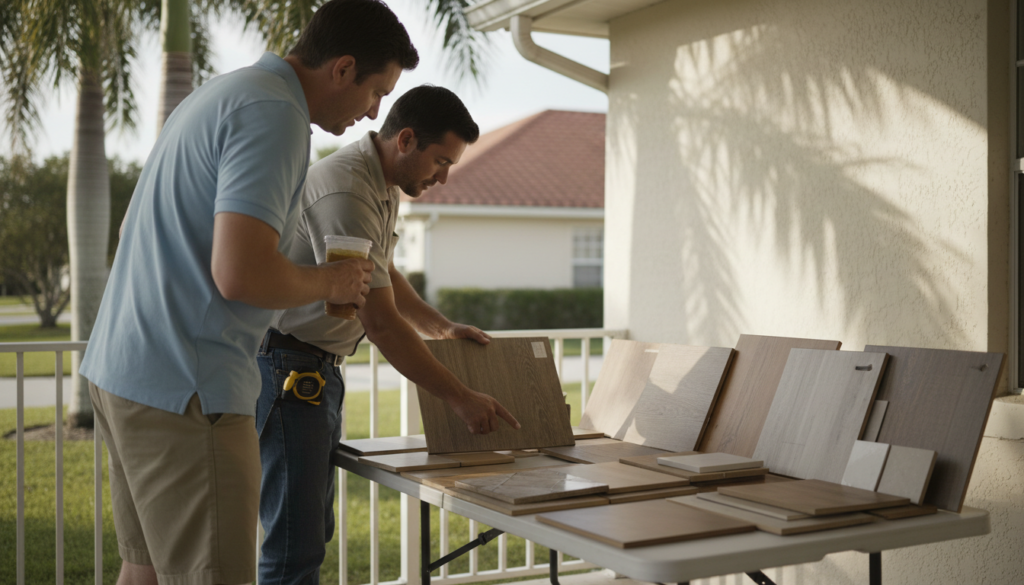 flooring services Ocala homeowner reviewing sample boards with contractor