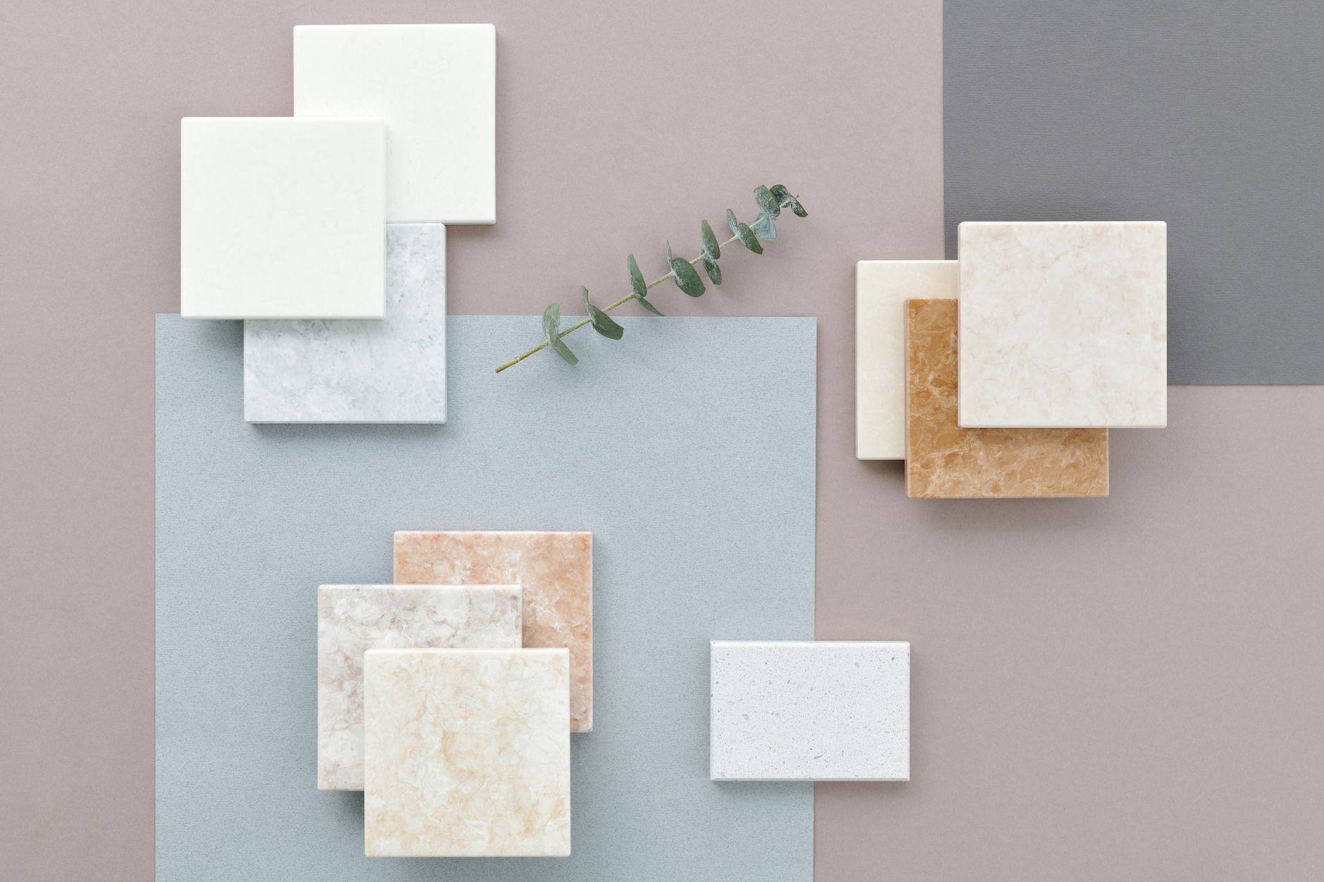 plastic-free flooring samples including cork, solid hardwood, and tile displayed in a bright Florida kitchen