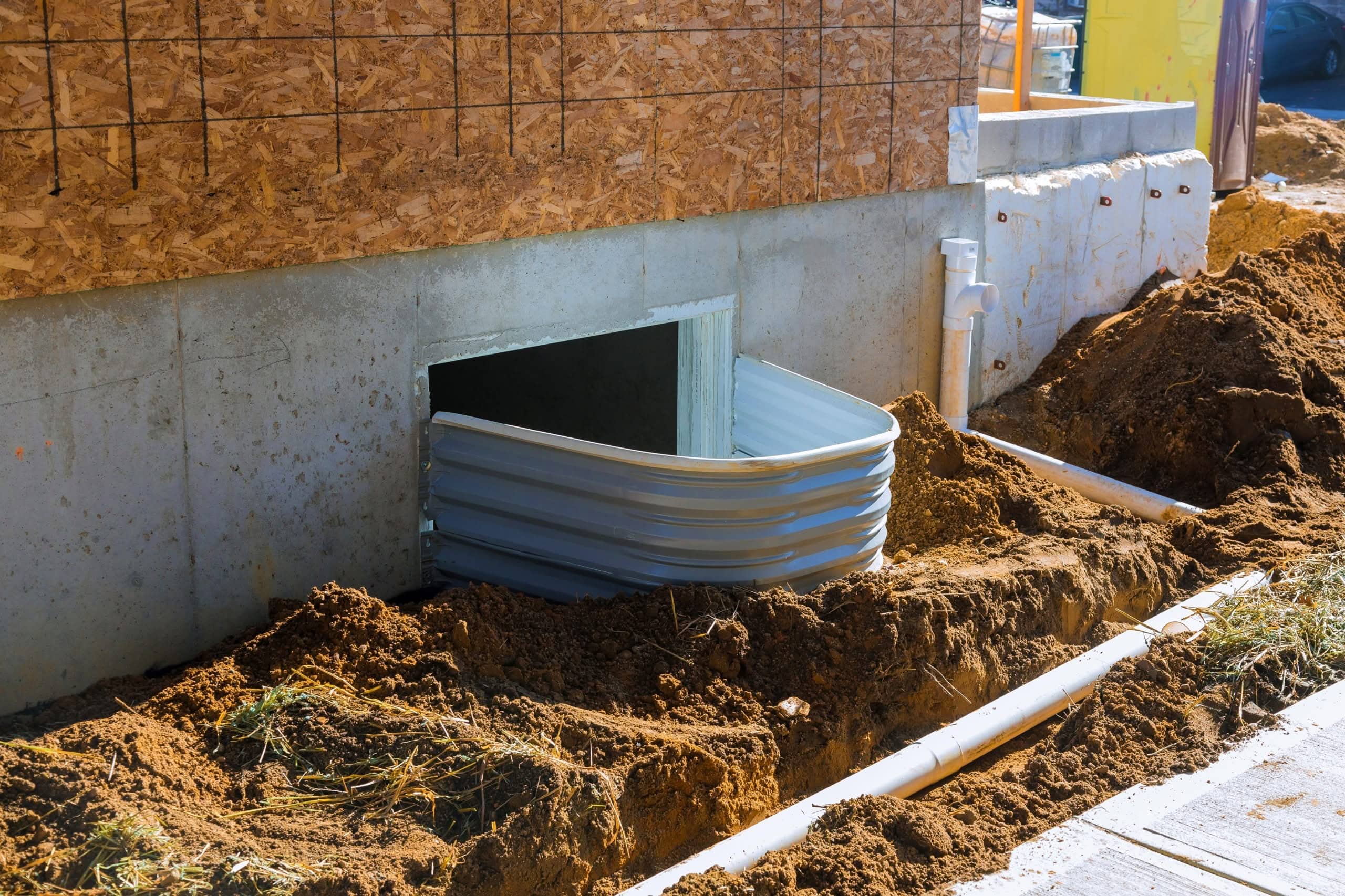 New home concrete foundation and dirt excavation featuring a newly installed corrugated metal window well during a flooring removal prep project in Gainesville, FL.