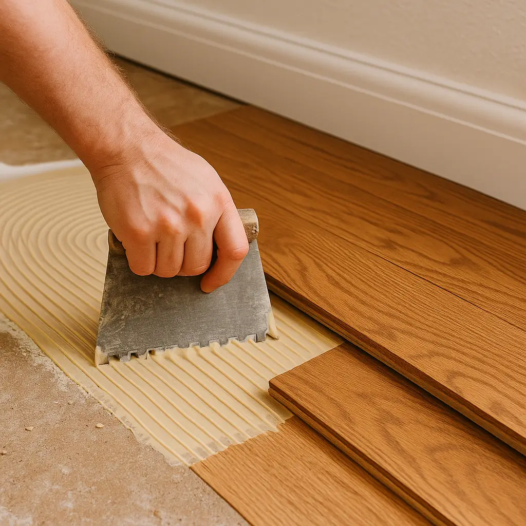 Hardwood Flooring 4 Close-up of a contractor using a notched trowel to spread floor adhesive on a subfloor during hardwood flooring installation in Gainesville, FL.