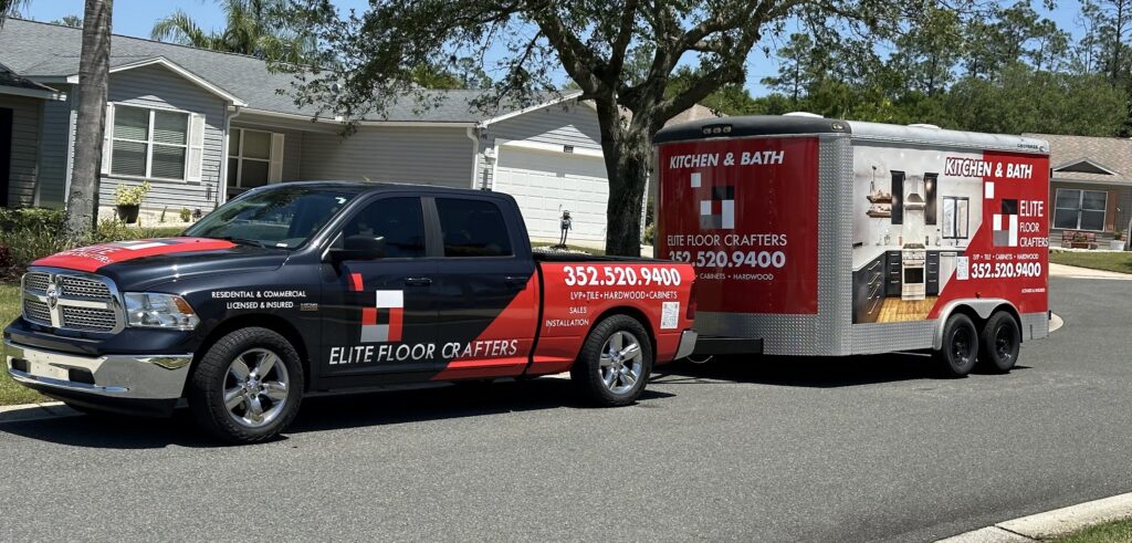 flooring installation contractors reviewing material samples with Ocala FL homeowner